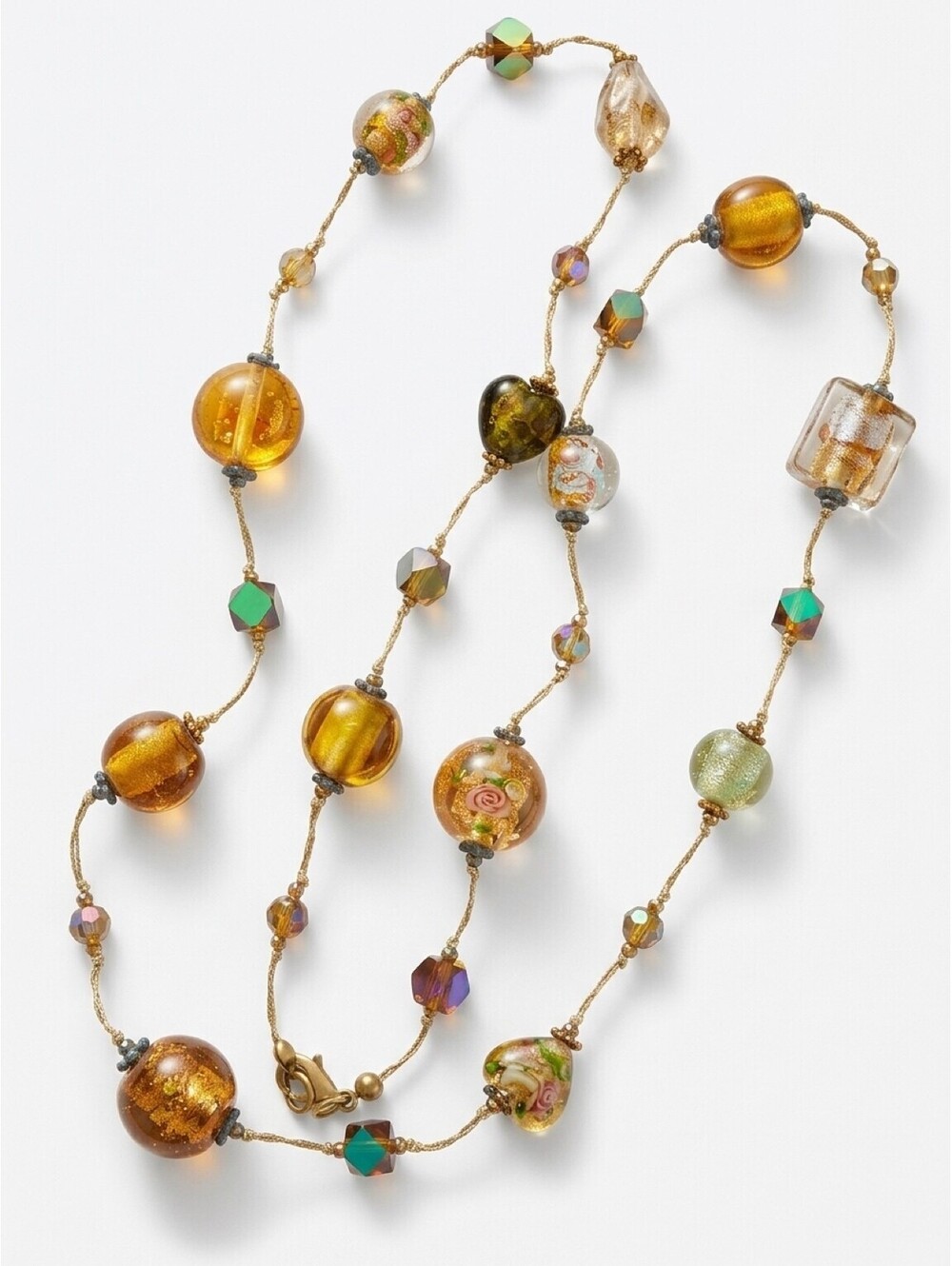 Long Amber Art Glass Lampwork Beaded Necklace 29" Gold Tone Boho Floral